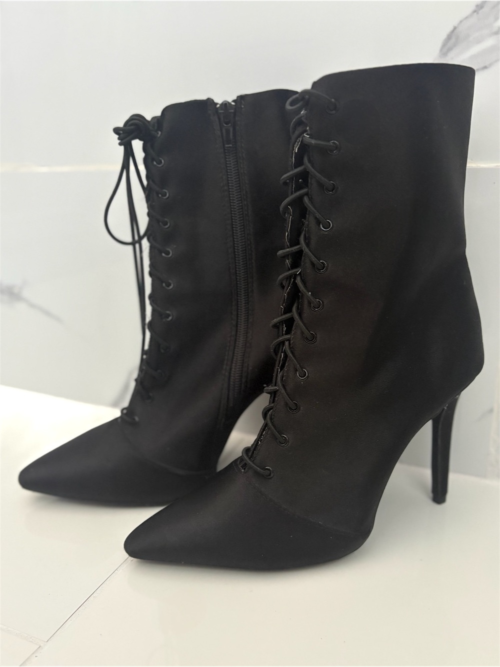 Qupid Black Lace-Up Stiletto Ankle Boots